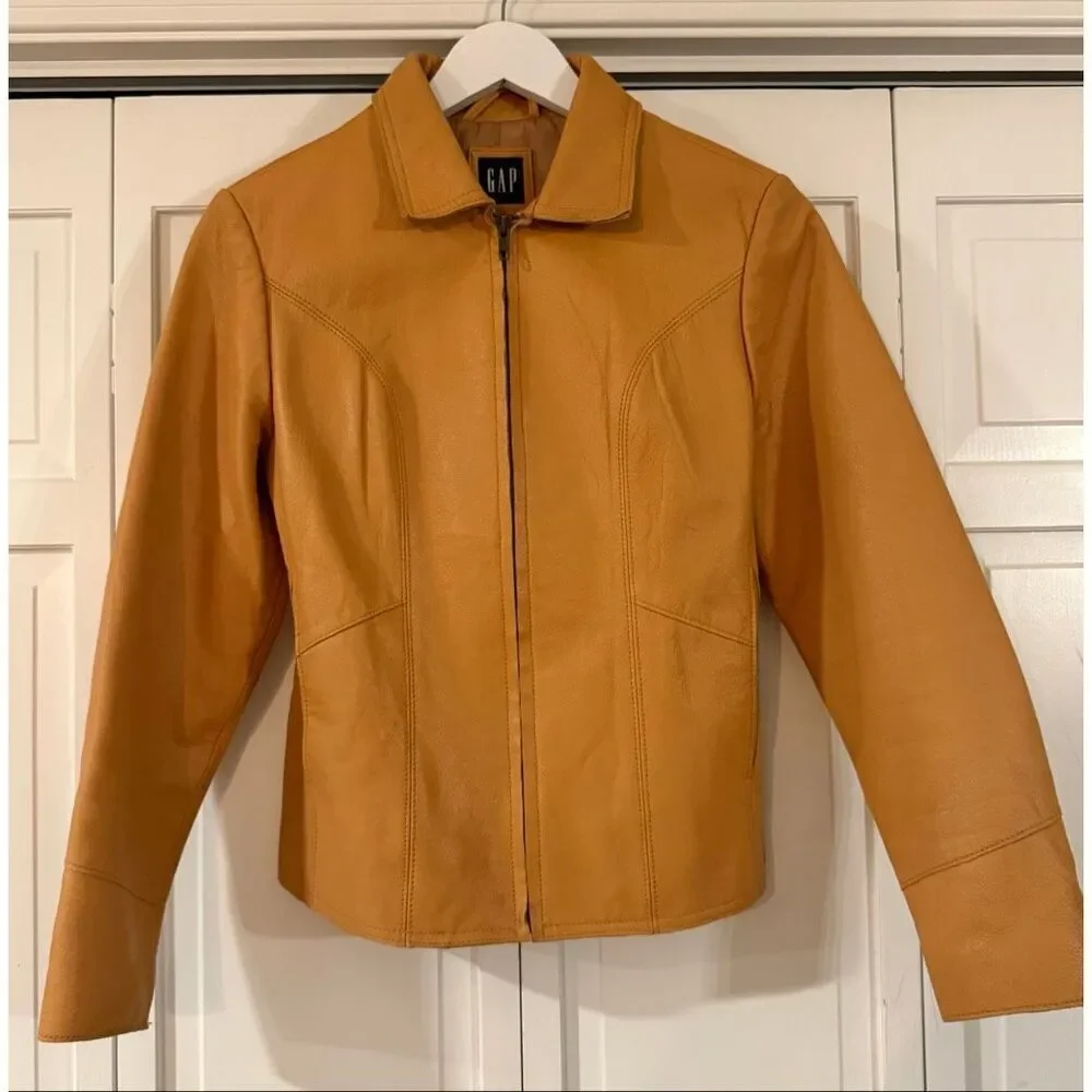 Gap Vintage 100% leather tan zip front jacket size small
